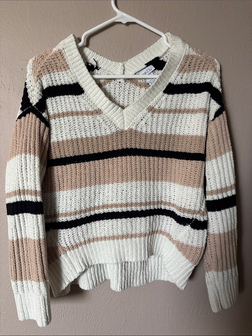 Rue21 V-Neck Striped Knit Sweater - Cream, Beige & Black